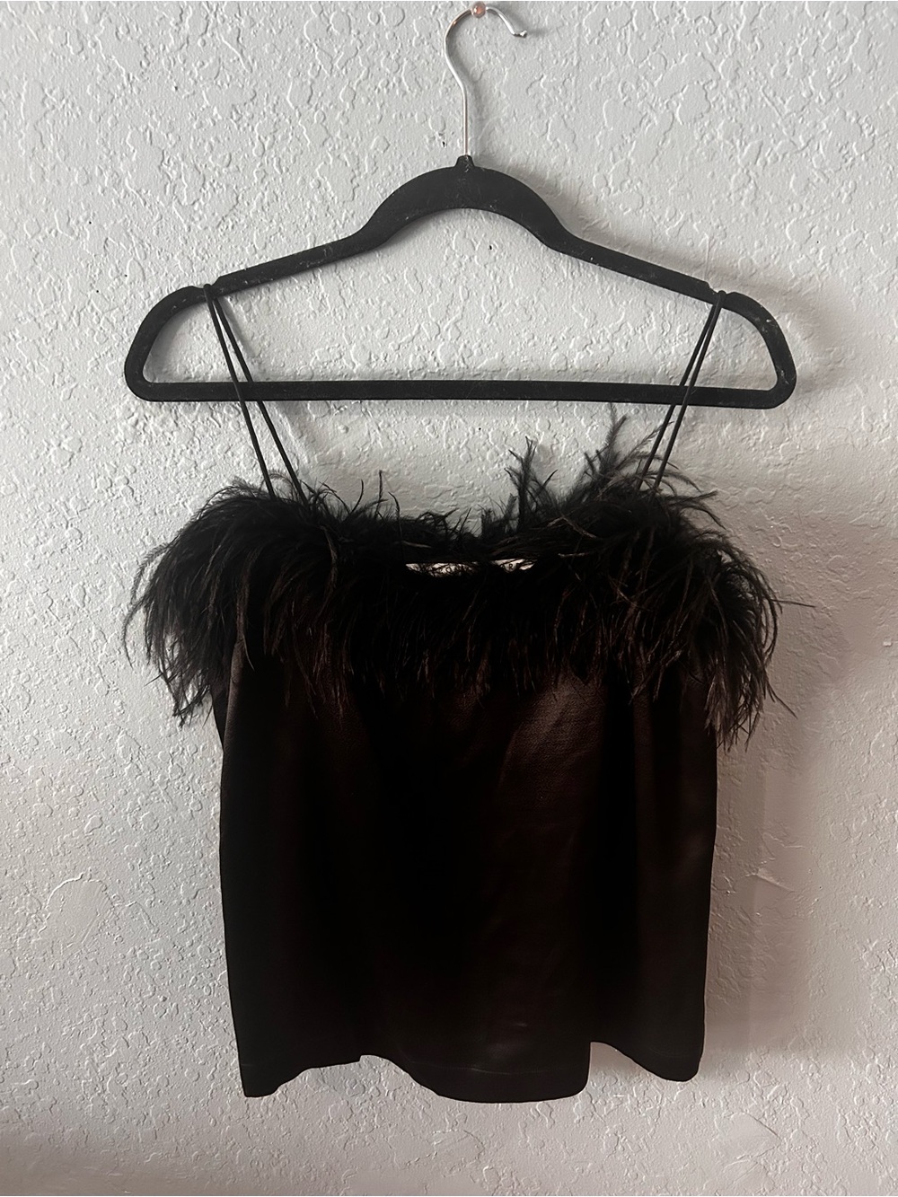 Veronica Beard Black Ostrich Feather Trim Silk-Blend Cami small